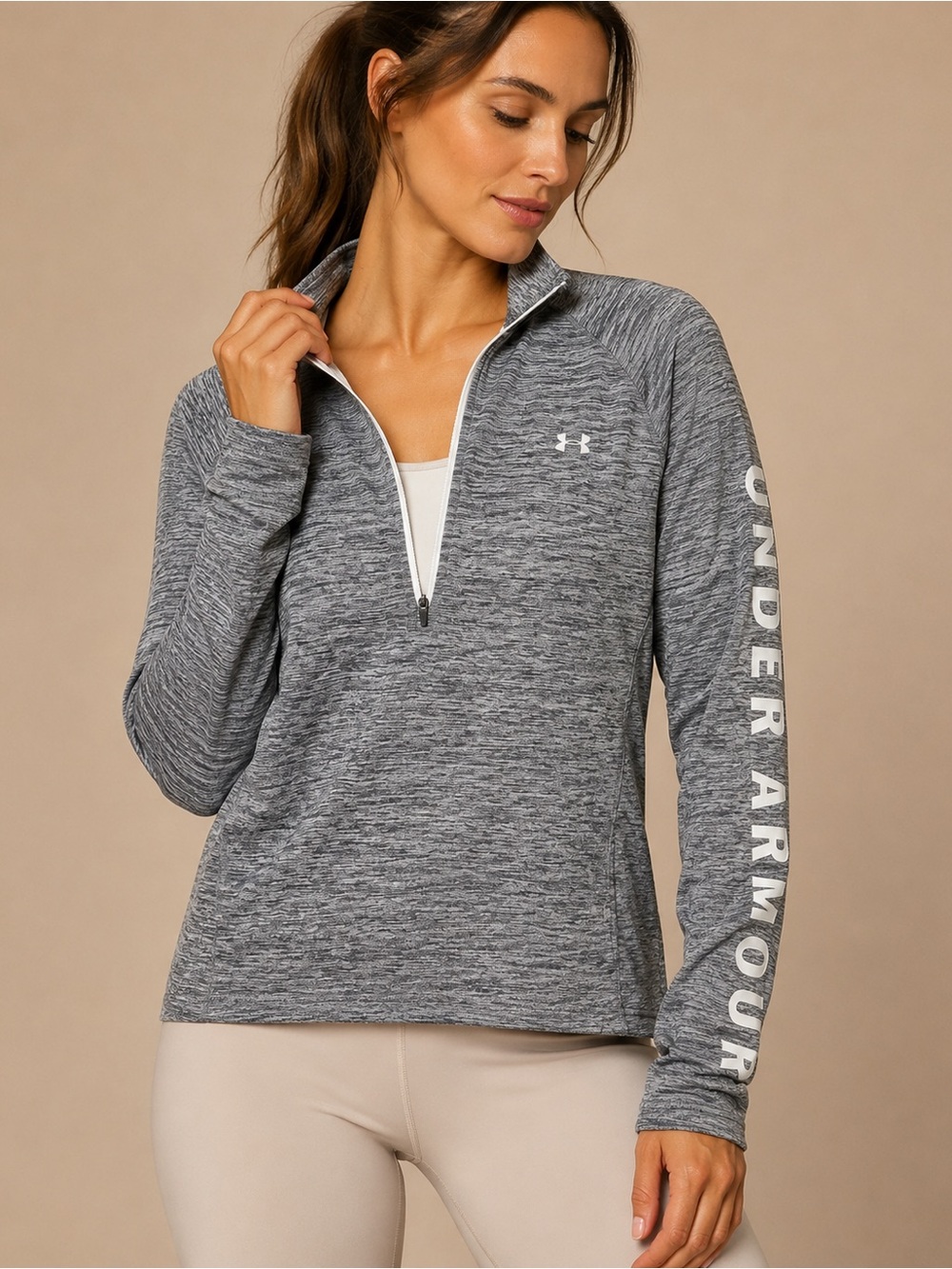 Under Armour Women's Gray Heather Quarter-Zip Pullover with Logo Sleeve